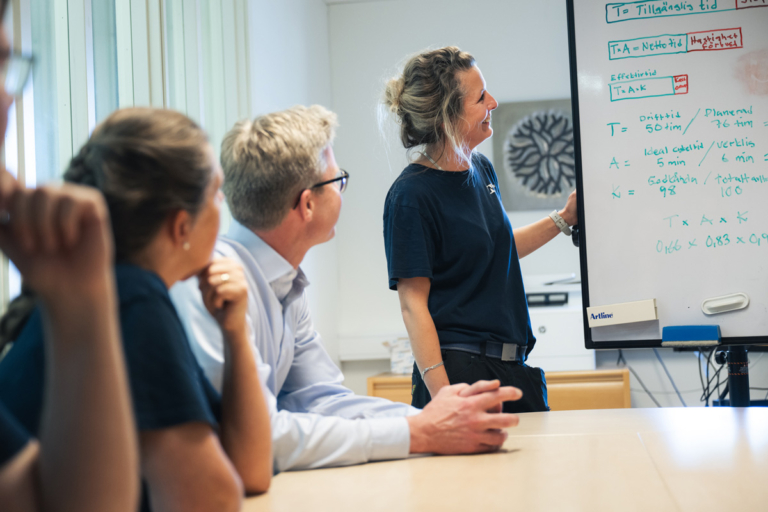 En kvinna presenterar vid en whiteboard för en grupp kollegor under ett möte.