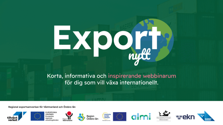 Grafisk bild med texten ”Exportnytt – korta, informativa och inspirerande webbinarium för dig som vill växa internationellt”.