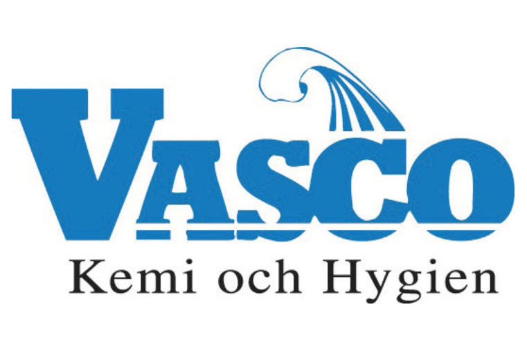 Logotyp för Vasco Kemi och Hygien, i blå färg med vågformad detalj.