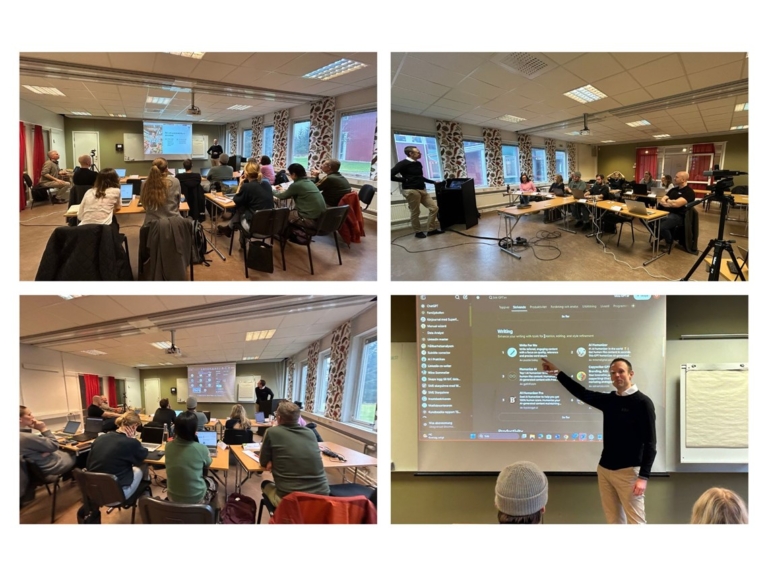 Olle håller presentation om AI och egna GPT:er under en fokusgrupp, deltagare lyssnar runt borden.