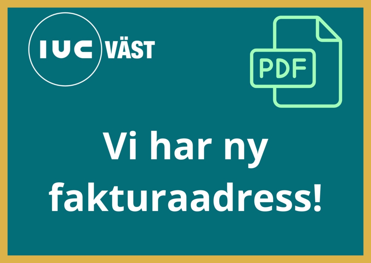 Bild med texten ”Vi har ny fakturaadress!” samt logotypen för IUC Väst och en ikon av ett PDF-dokument.