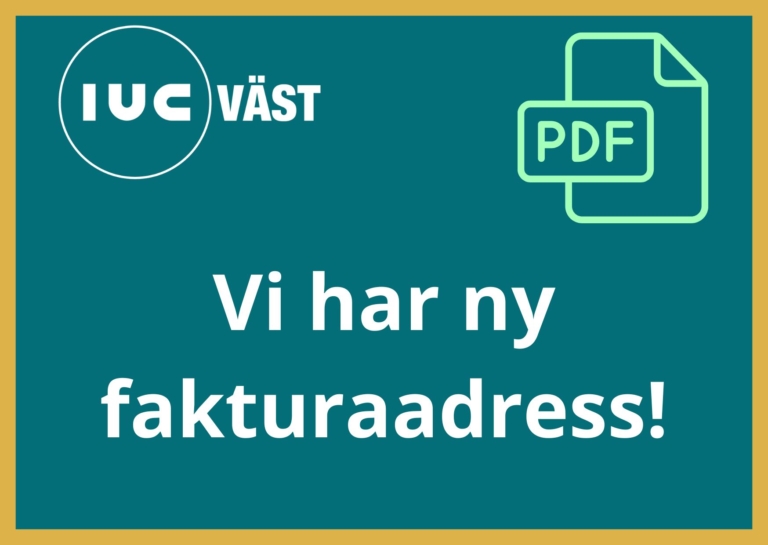 Bild med texten ”Vi har ny fakturaadress!” samt logotypen för IUC Väst och en ikon av ett PDF-dokument.