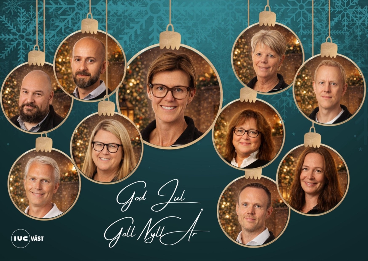 Julhälsning från IUC Väst med porträtt av teamet i julkulor och texten ‘God jul, gott nytt år’.