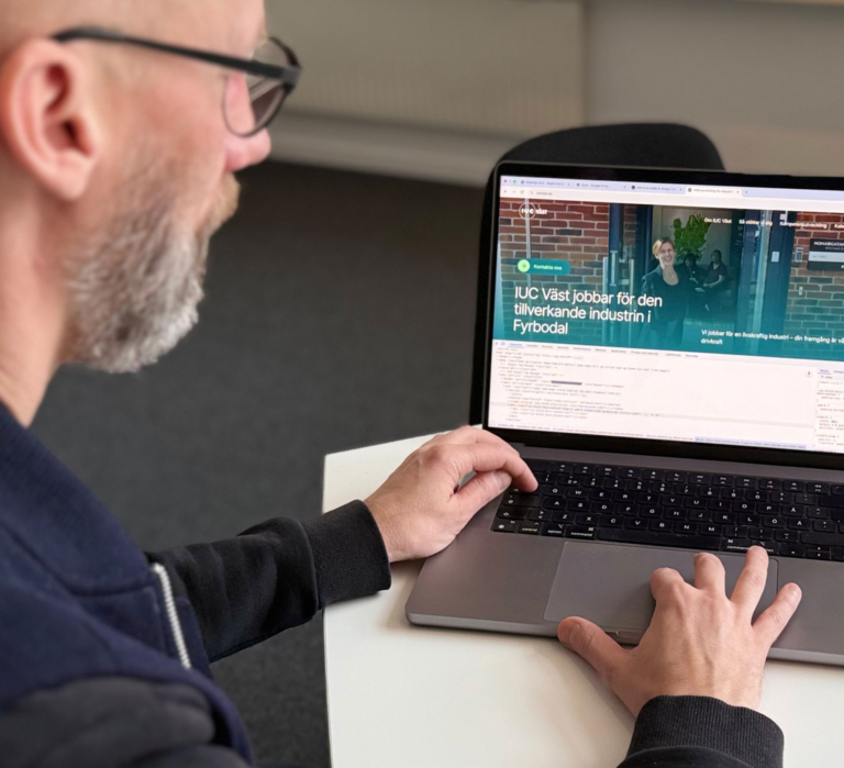 Person arbetar vid en laptop och granskar en webbsida i webbläsarens utvecklarverktyg. Webbplats tillgänglighet.