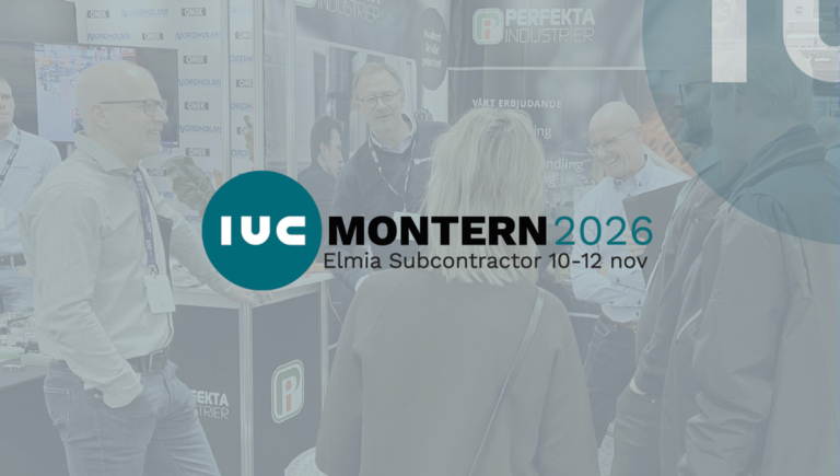 IUC Montern 2026 – Elmia Subcontractor 10–12 nov – överlagrat på bild av människor som samtalar vid en mässmonter.