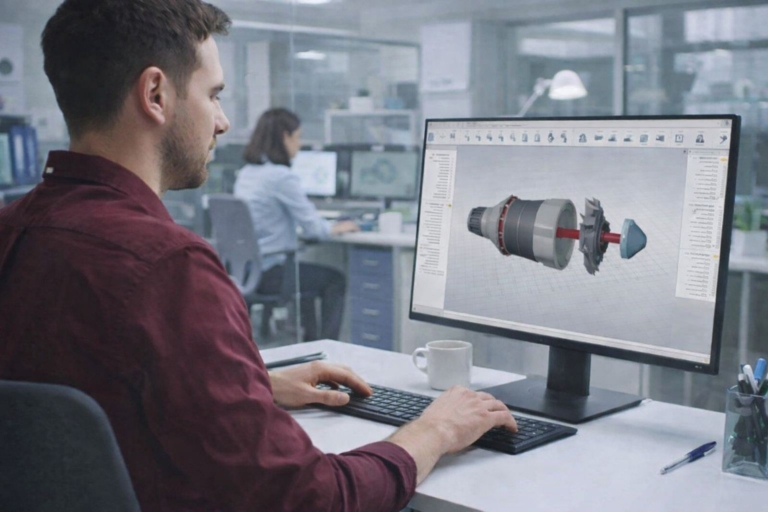 Produktutvecklare arbetar i CAD med 3D-modell på skärmen – bild till IUC Sveriges nationella undersökning om svensk produktutveckling.
