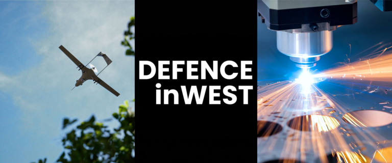 Defence inWest pressbild med drönare och industriproduktion. Små och medelstora industriföretag viktiga för framtidens försvarsvärdekejda.