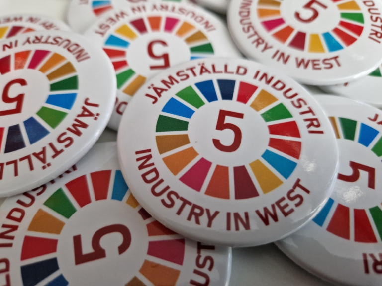 Knappar med Globala mål 5 och texten ‘Jämställd industri’ (Industry In West).