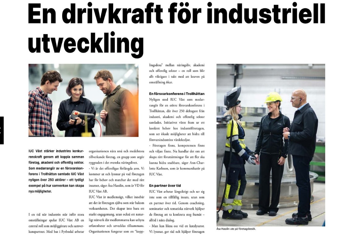 IUC Väst i Svensk Leverantörstidning om industriell utveckling i Fyrstad