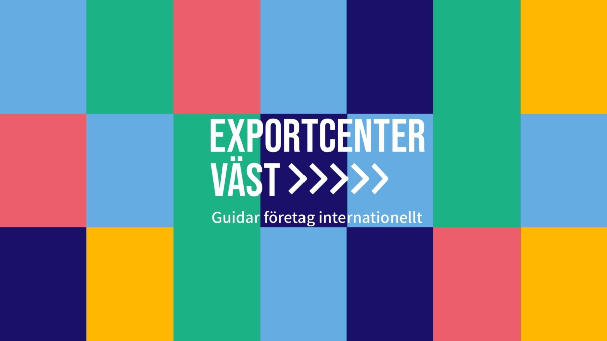 Grafisk illustration för Exportcenter Väst med färgglada block i blått, grönt, rosa och gult samt texten ”Exportcenter Väst – Guidar företag internationellt”.