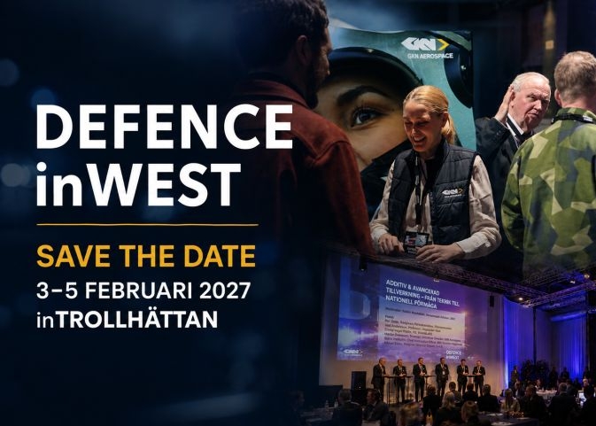 Bild för Defence inWest med texten "Save the Date – 3–5 februari 2027 i Trollhättan". Bildcollage från tidigare konferens med besökare som nätverkar, en utställningsmiljö med GKN Aerospace samt en scen där ett panelsamtal pågår inför publik.