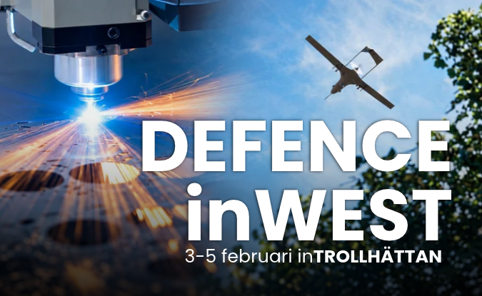 Grafik för Defence inWest 2027 med en industrimaskin som skapar gnistor, en flygfarkost och texten 3–5 februari i Trollhättan.